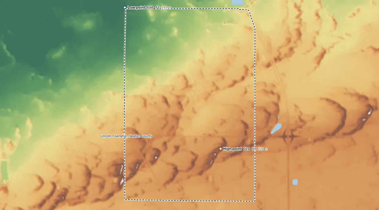 Topographic elevation map of Roselawn, Indiana, shaded from 640 ft on the northwest side to 720 ft on the southeast side