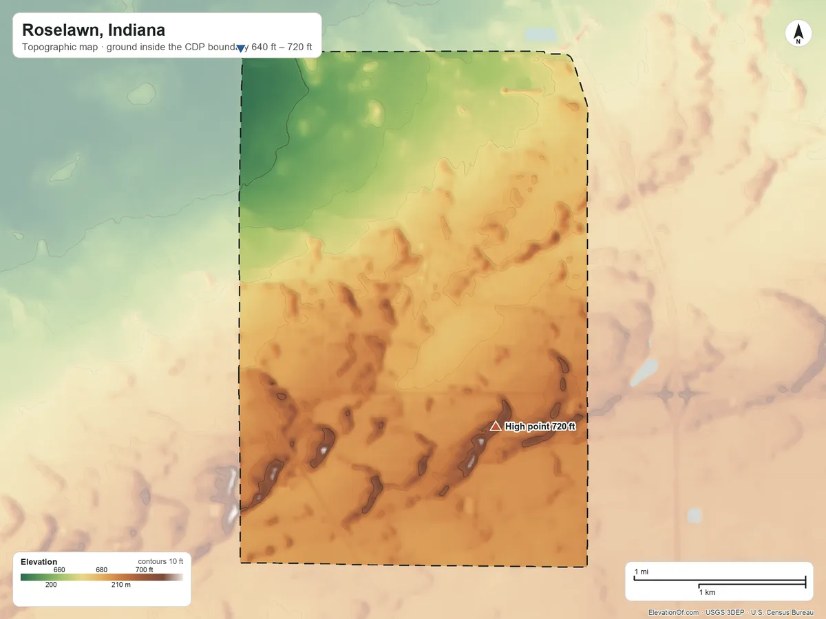 Topographic elevation map of Roselawn, Indiana, shaded from 640 ft on the northwest side to 720 ft on the southeast side