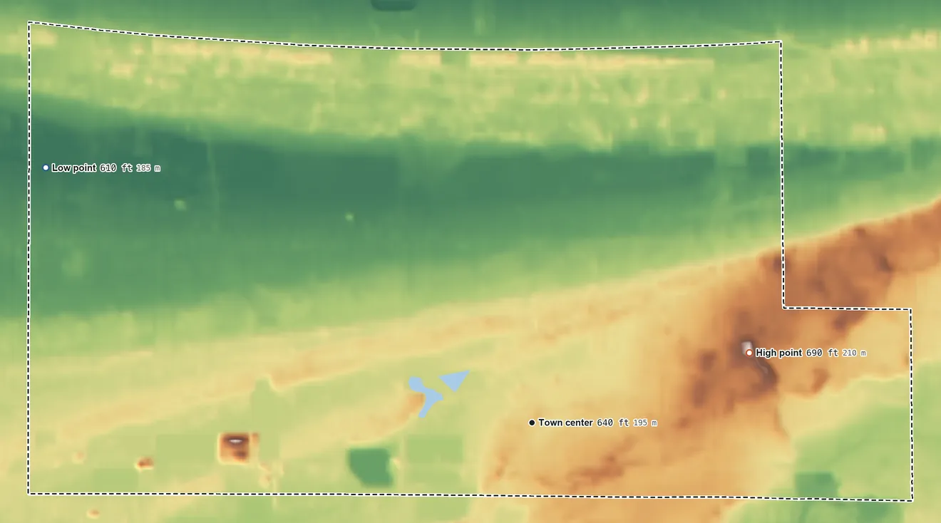 Topographic elevation map of Ross, Indiana, shaded from 610 ft on the northwest side to 690 ft on the east side