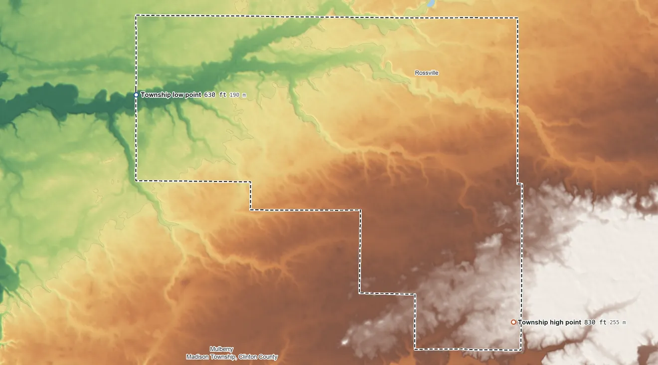 Topographic elevation map of Ross Township, Clinton County, Indiana, shaded from 630 ft on the west side to 830 ft on the southeast side