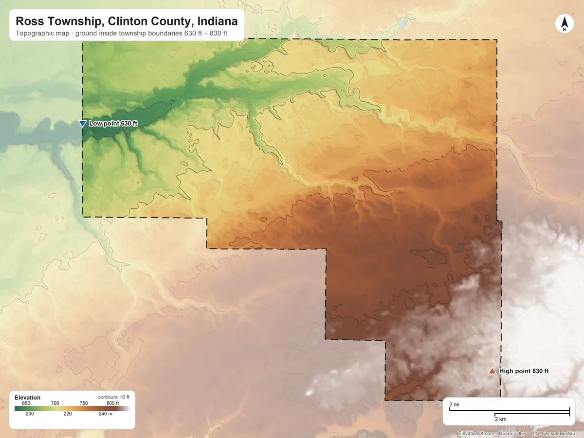 Topographic elevation map of Ross Township, Clinton County, Indiana, shaded from 630 ft on the west side to 830 ft on the southeast side