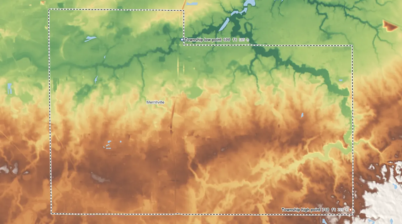 Topographic elevation map of Ross Township, Indiana, shaded from 600 ft on the northeast side to 740 ft on the southeast side