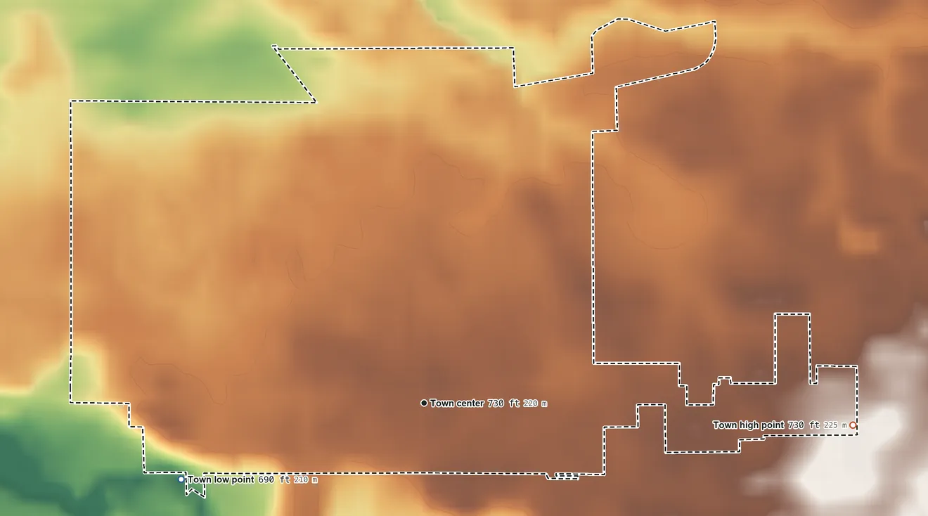 Topographic elevation map of Rossville, Indiana, shaded from 690 ft on the west side to 730 ft on the east side
