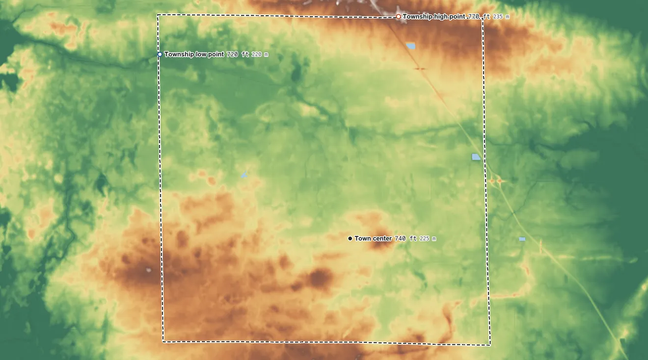 Topographic elevation map of Round Grove Township, Indiana, shaded from 720 ft on the northwest side to 770 ft on the north side