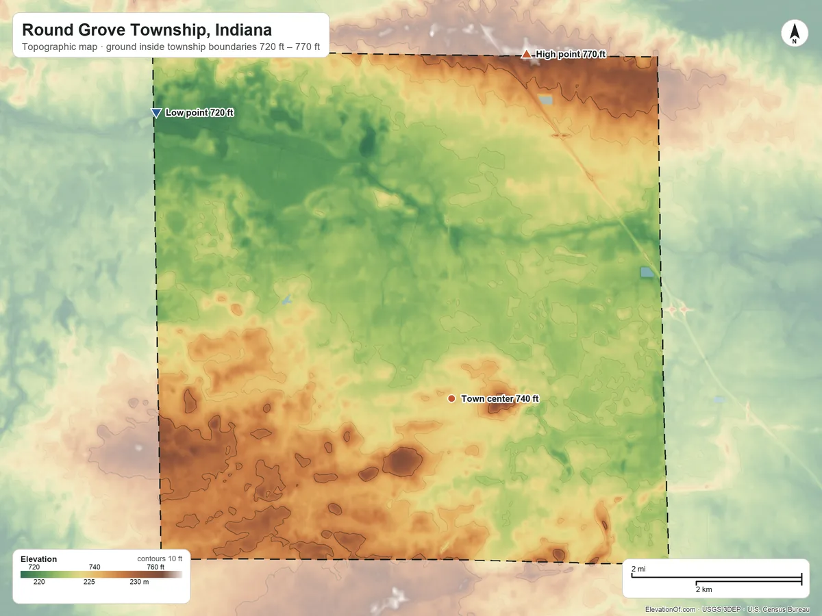 Topographic elevation map of Round Grove Township, Indiana, shaded from 720 ft on the northwest side to 770 ft on the north side