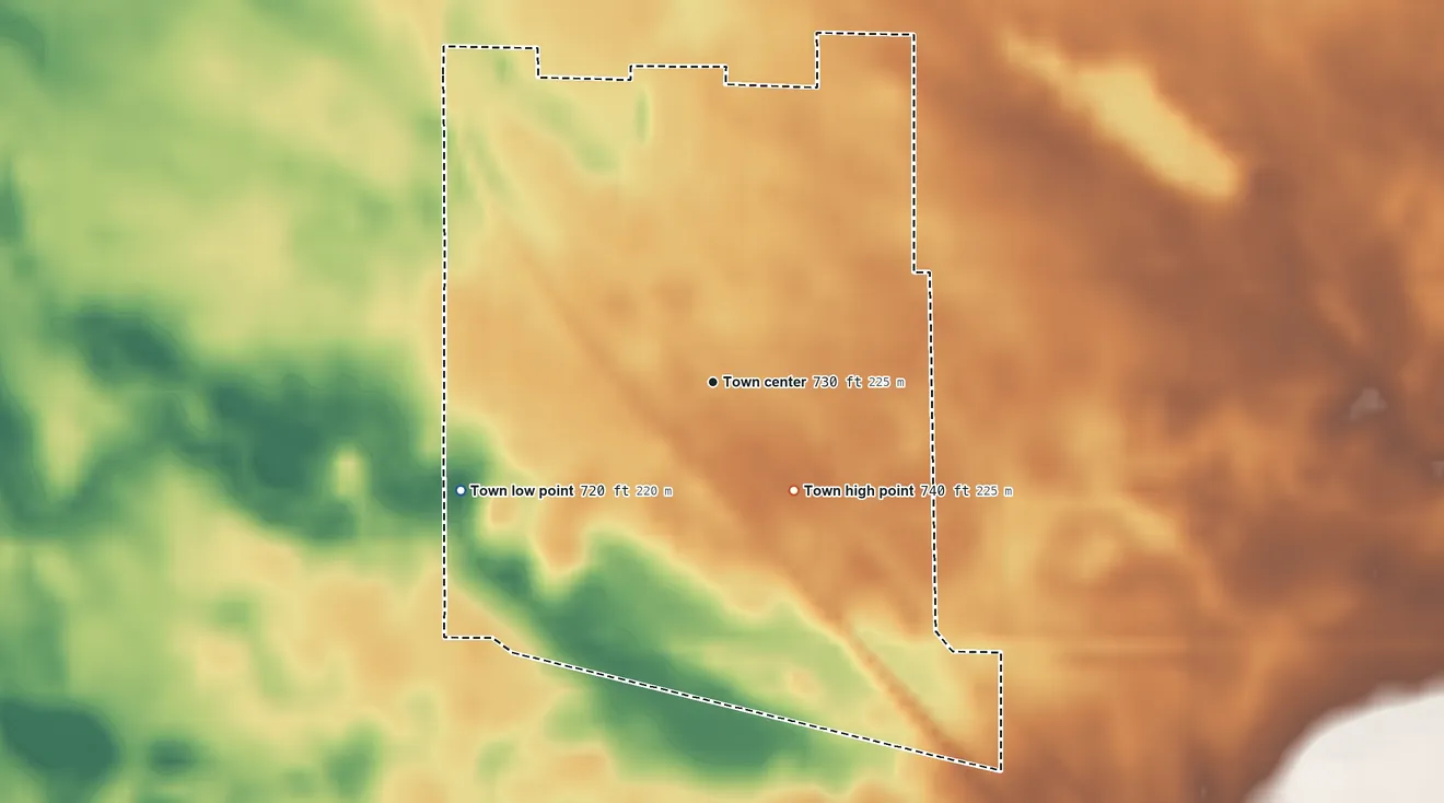Topographic elevation map of Royal Center, Indiana, shaded from 720 ft on the southwest side to 740 ft on the southeast side