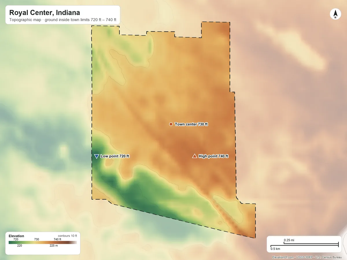 Topographic elevation map of Royal Center, Indiana, shaded from 720 ft on the southwest side to 740 ft on the southeast side