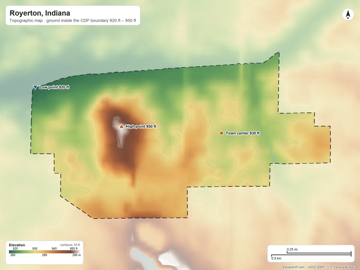 Topographic elevation map of Royerton, Indiana, shaded from 920 ft on the west side to 950 ft on the west side