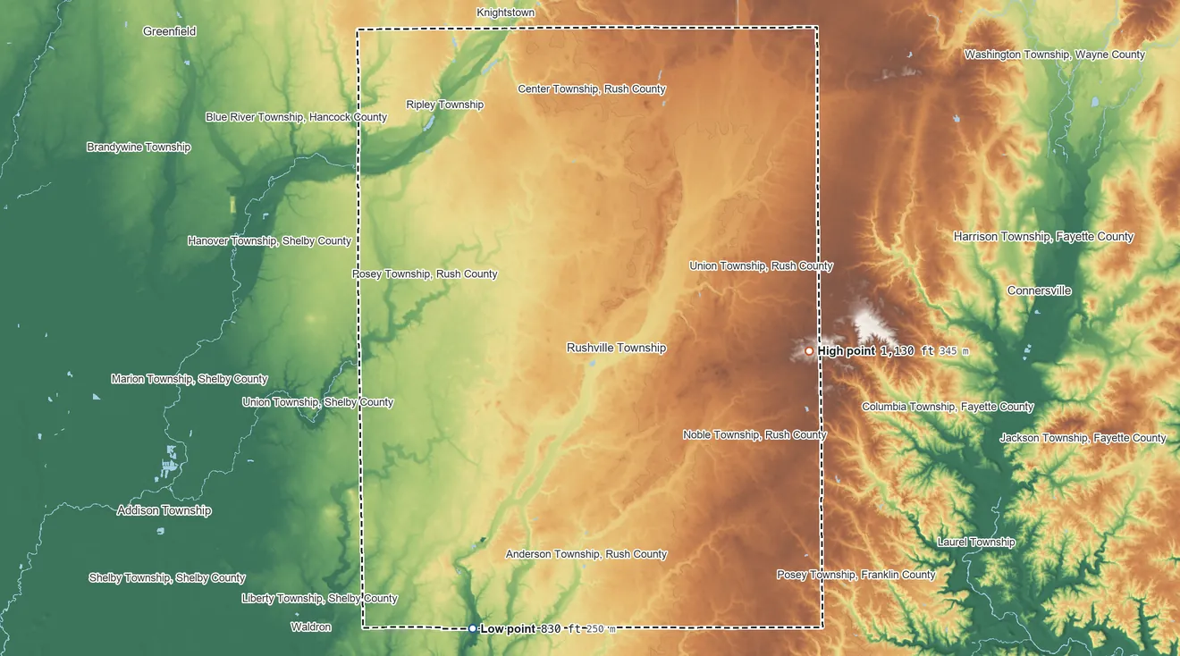 Topographic elevation map of Rush County, Indiana, shaded from 830 ft on the south side to 1,130 ft on the east side