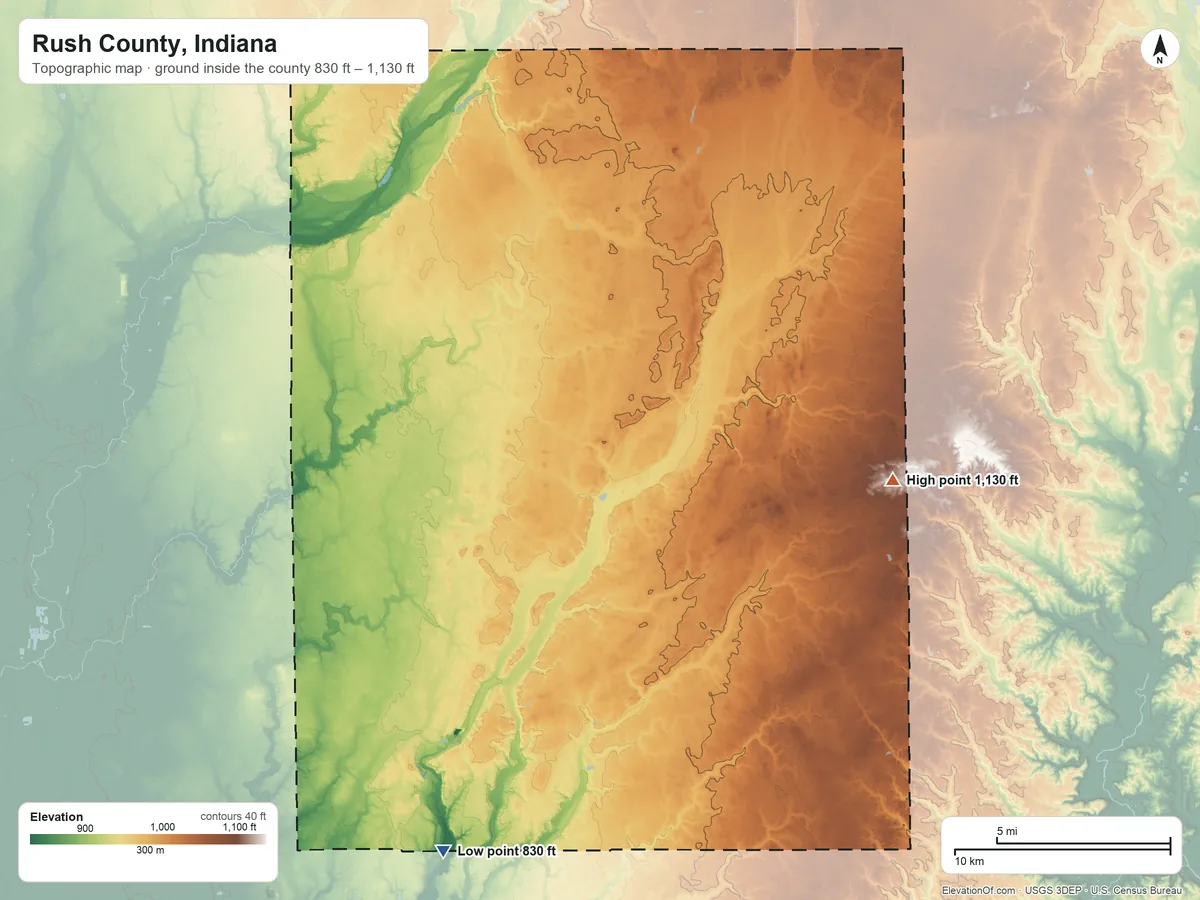 Topographic elevation map of Rush County, Indiana, shaded from 830 ft on the south side to 1,130 ft on the east side