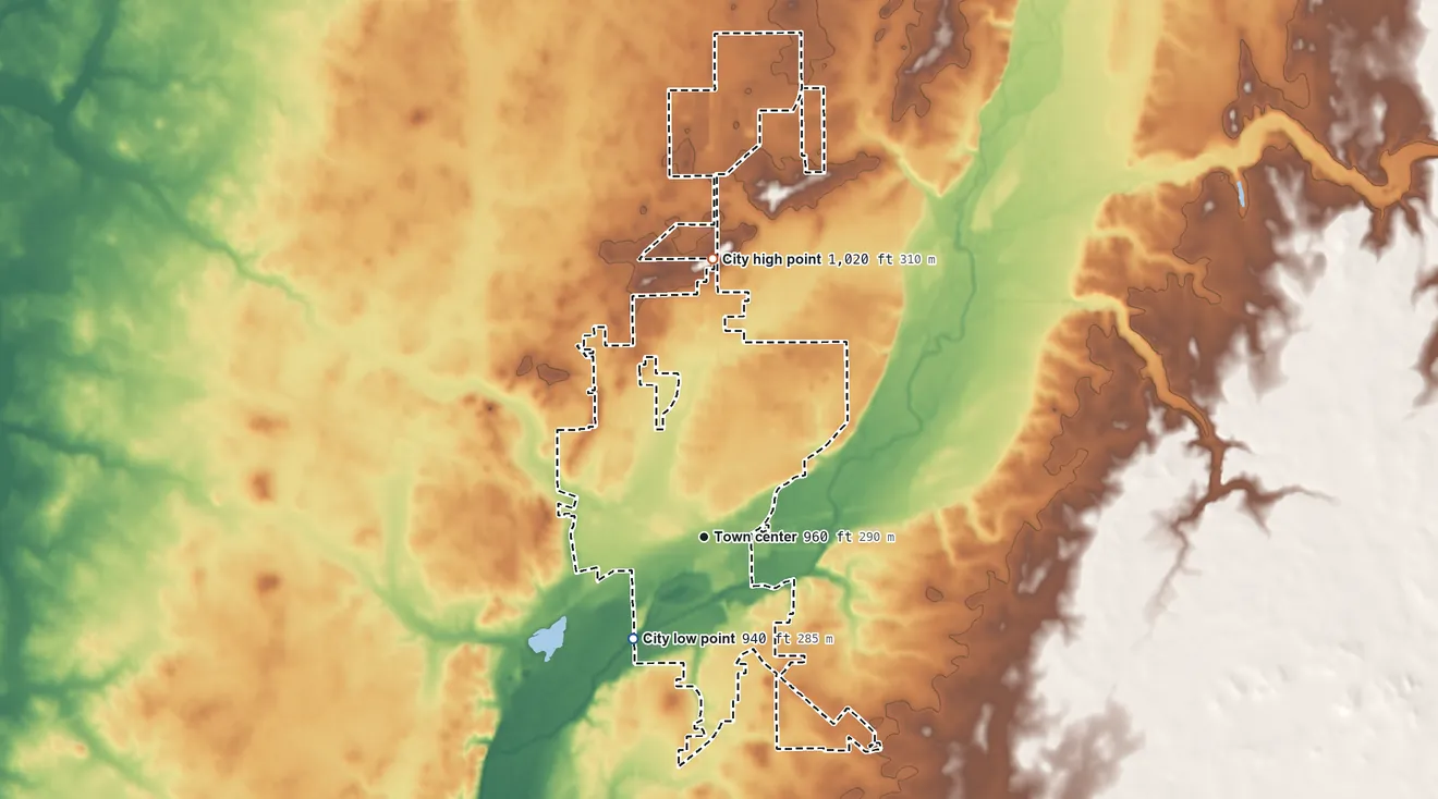Topographic elevation map of Rushville, Indiana, shaded from 940 ft on the southwest side to 1,020 ft on the north side