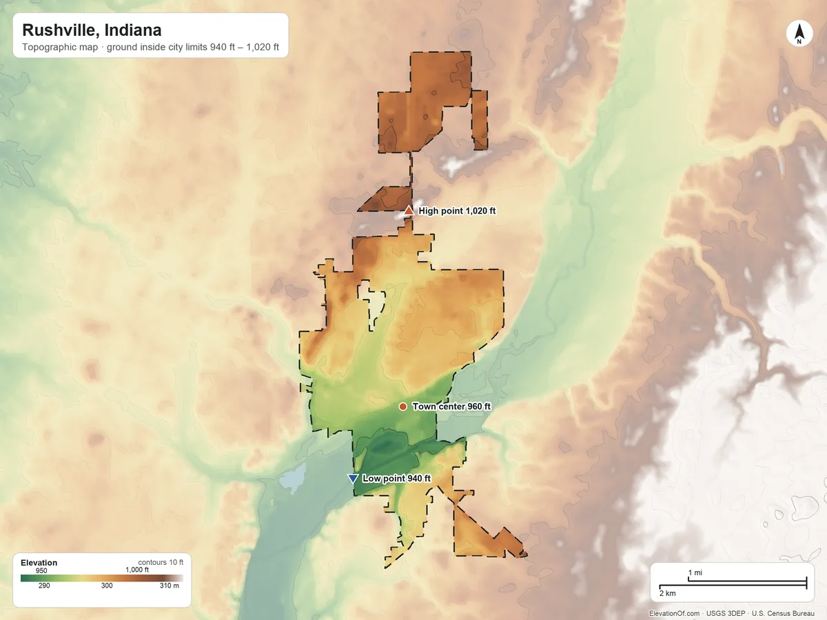 Topographic elevation map of Rushville, Indiana, shaded from 940 ft on the southwest side to 1,020 ft on the north side