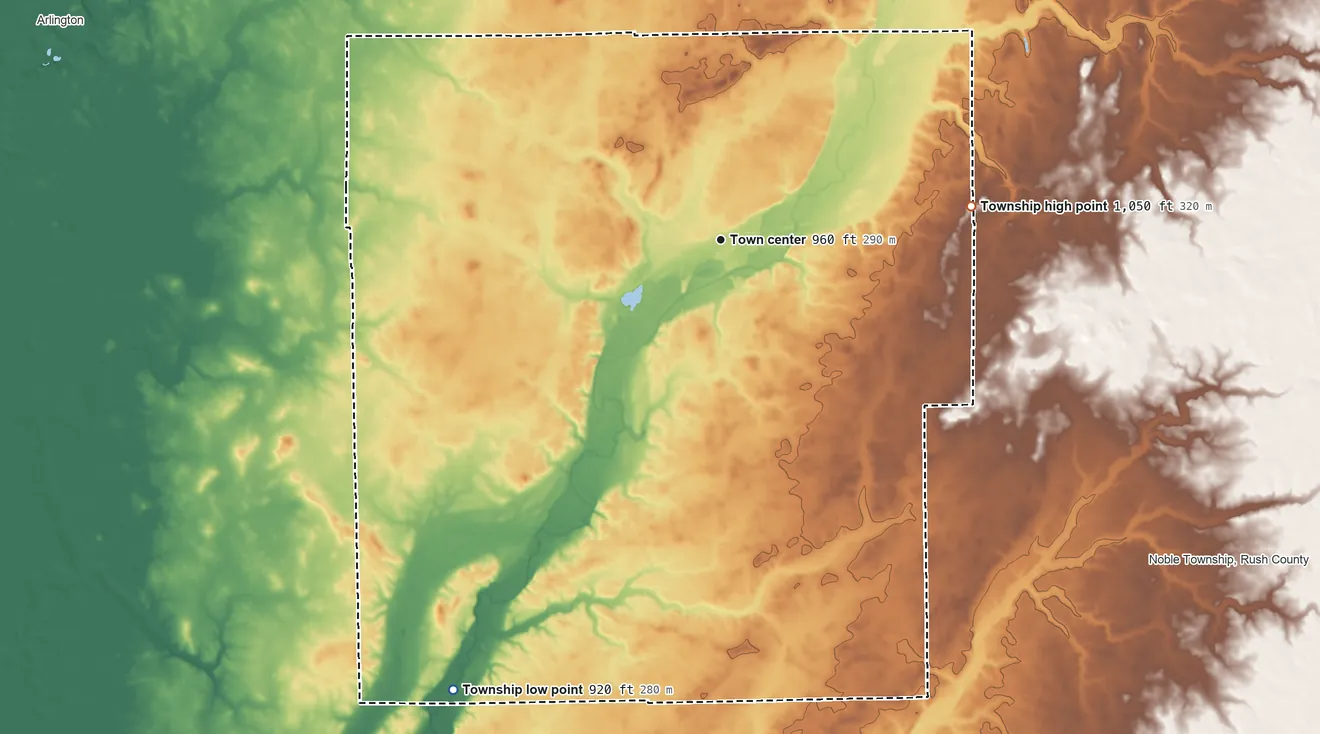 Topographic elevation map of Rushville Township, Indiana, shaded from 920 ft on the southwest side to 1,050 ft on the east side