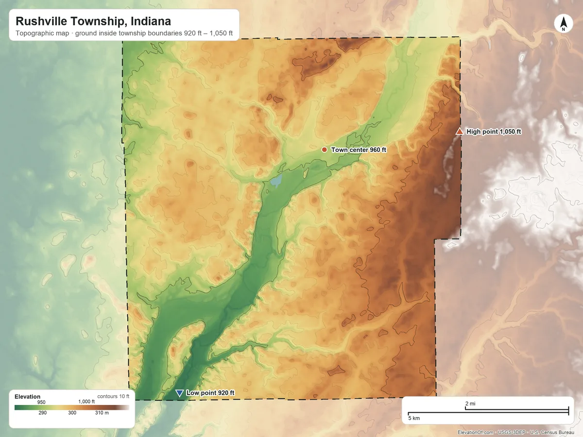 Topographic elevation map of Rushville Township, Indiana, shaded from 920 ft on the southwest side to 1,050 ft on the east side