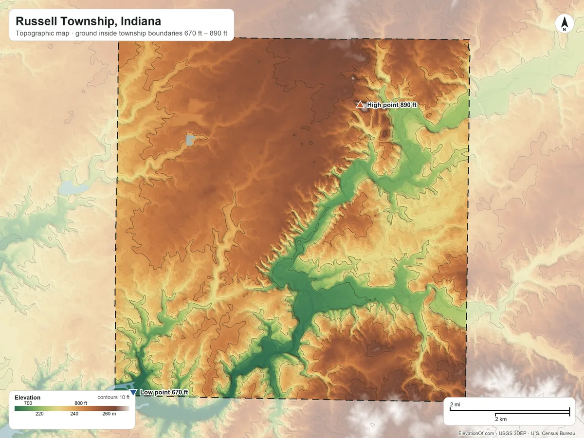 Topographic elevation map of Russell Township, Indiana, shaded from 670 ft on the south side to 890 ft on the east side