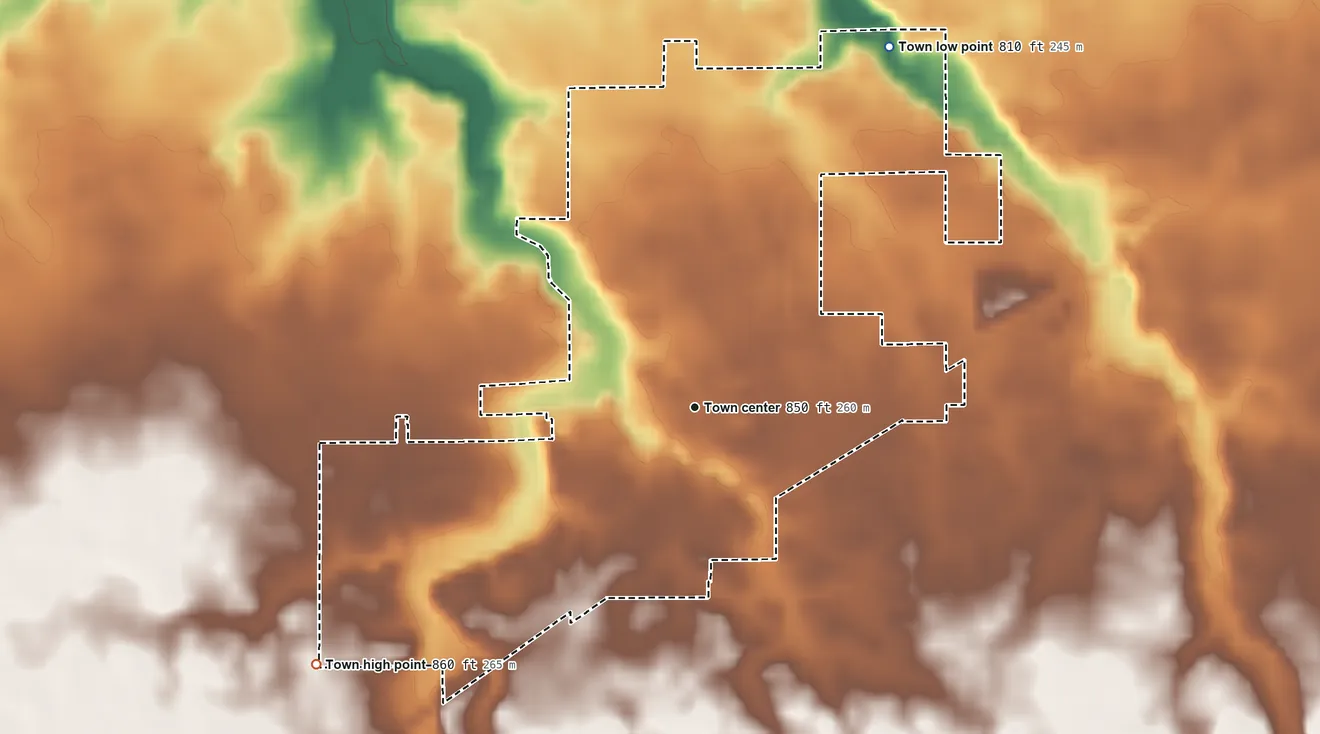 Topographic elevation map of Russiaville, Indiana, shaded from 810 ft on the northeast side to 860 ft on the southwest side