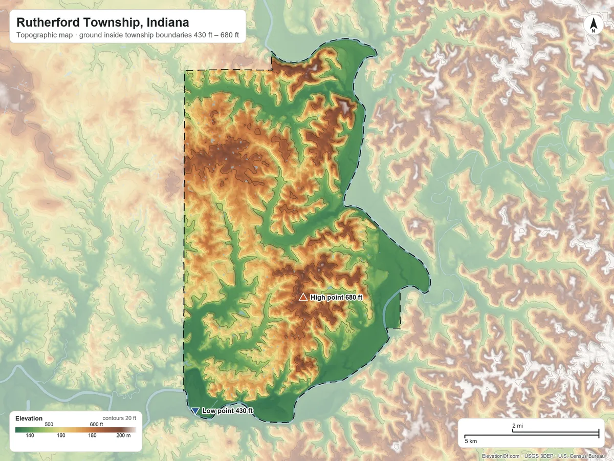 Topographic elevation map of Rutherford Township, Indiana, shaded from 430 ft on the south side to 680 ft on the southeast side