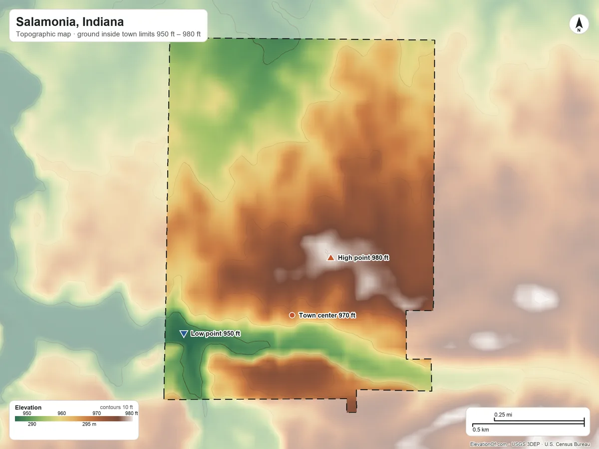 Topographic elevation map of Salamonia, Indiana, shaded from 950 ft on the west side to 980 ft on the northeast side