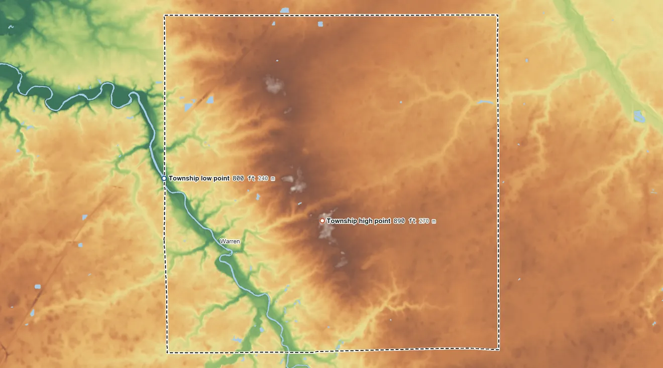 Topographic elevation map of Salamonie Township, Indiana, shaded from 800 ft on the northwest side to 890 ft on the east side