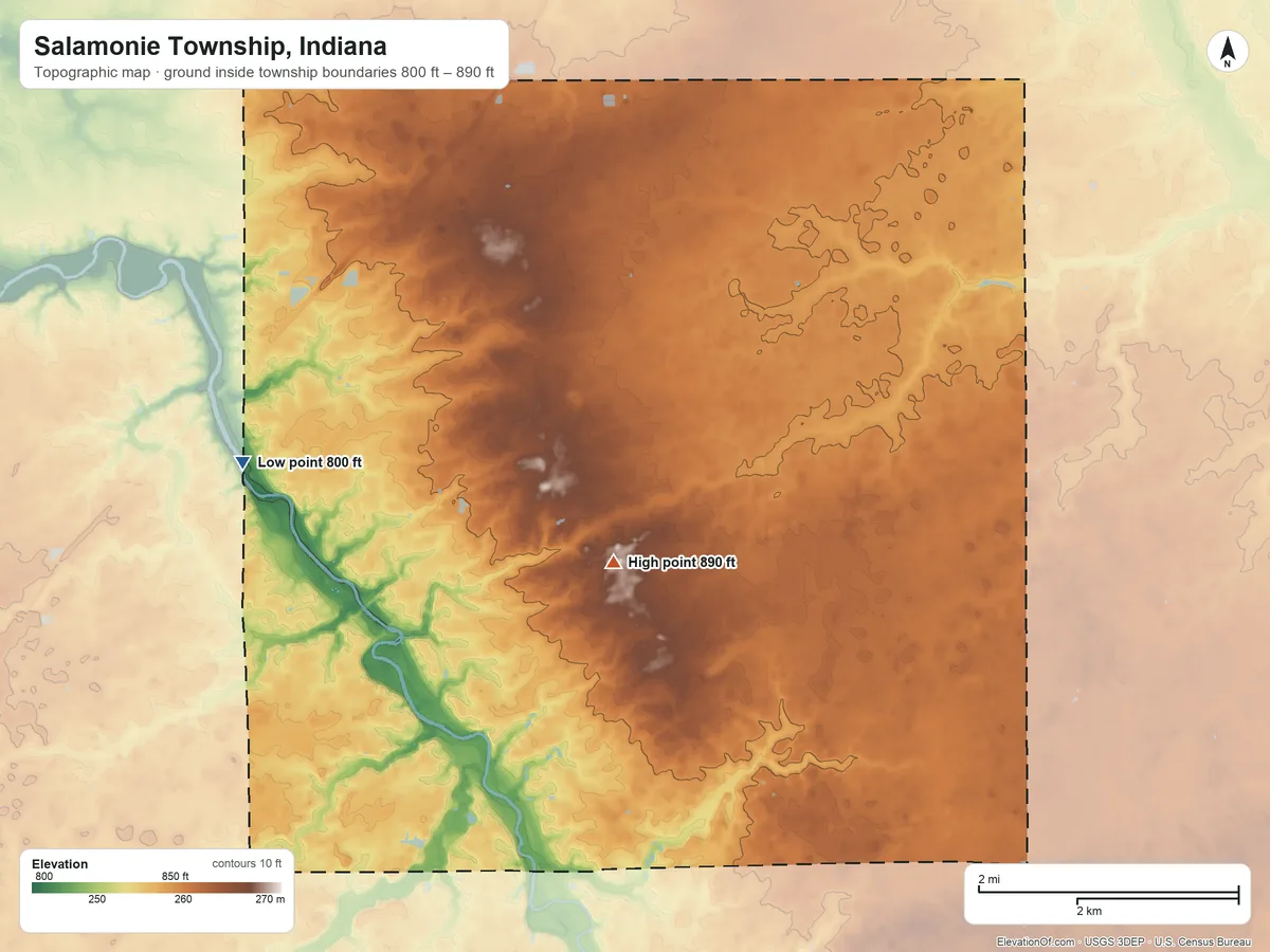 Topographic elevation map of Salamonie Township, Indiana, shaded from 800 ft on the northwest side to 890 ft on the east side