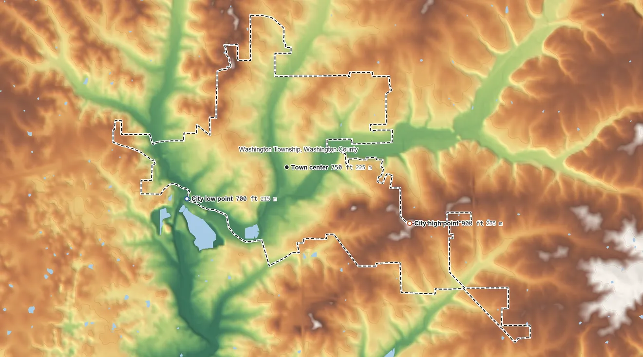 Topographic elevation map of Salem, Indiana, shaded from 700 ft on the west side to 900 ft on the southeast side