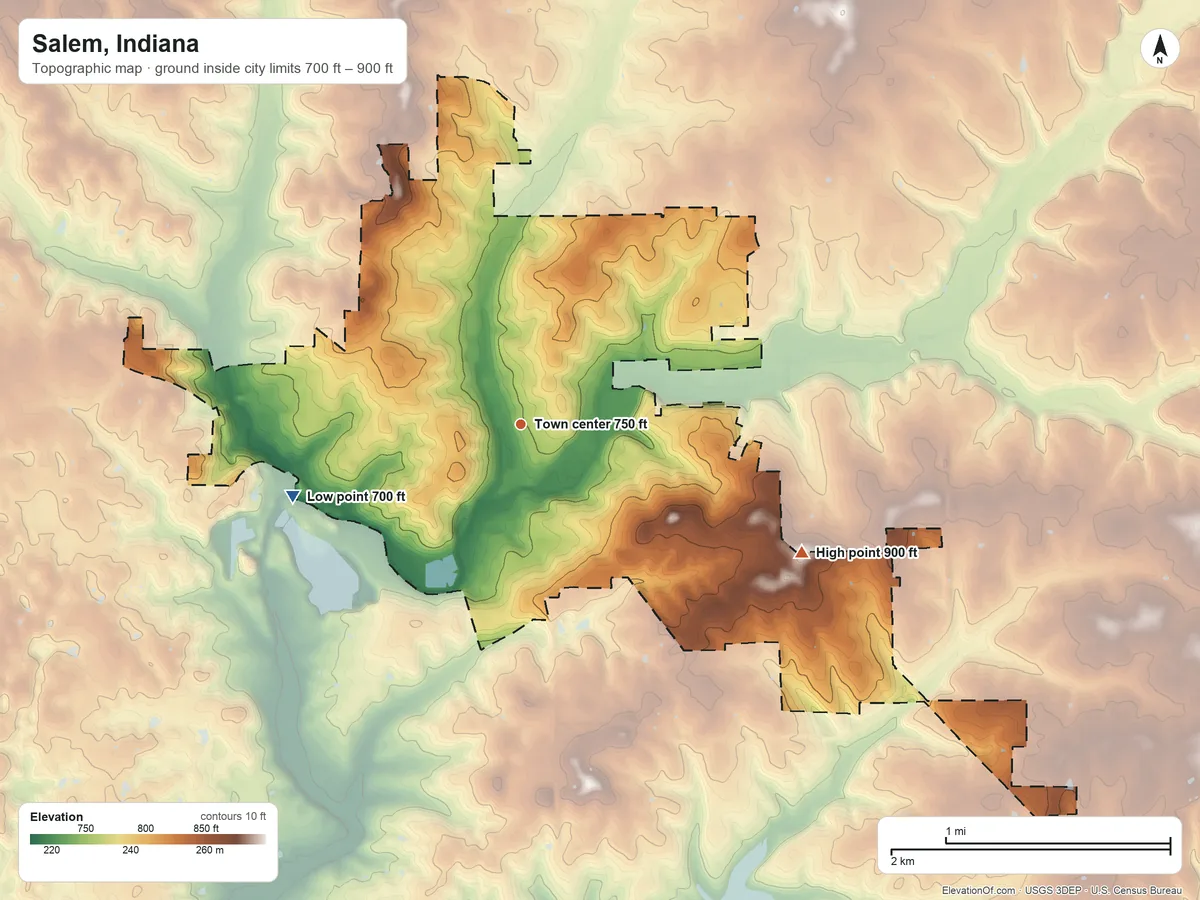 Topographic elevation map of Salem, Indiana, shaded from 700 ft on the west side to 900 ft on the southeast side