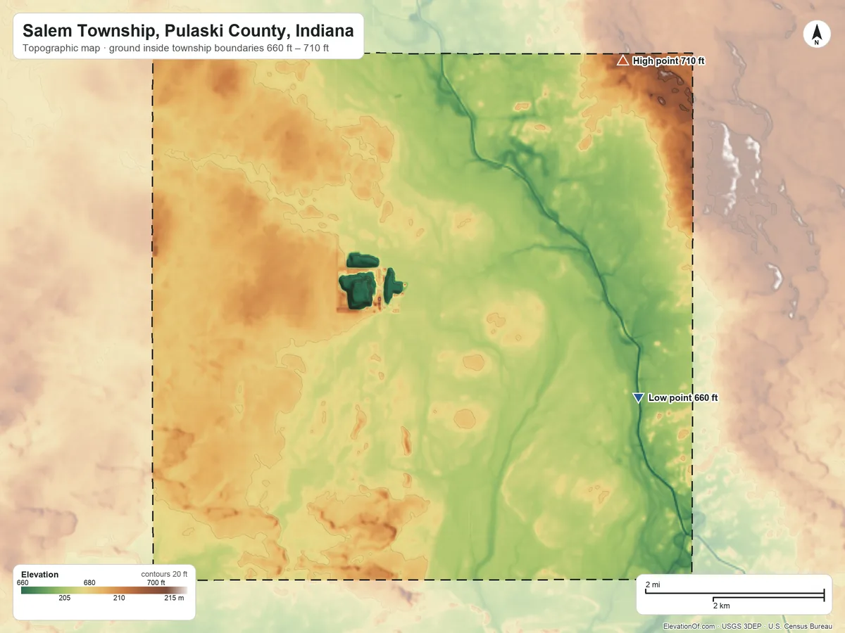 Topographic elevation map of Salem Township, Pulaski County, Indiana, shaded from 660 ft on the southeast side to 710 ft on the northeast side