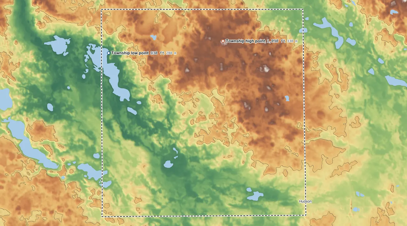Topographic elevation map of Salem Township, Steuben County, Indiana, shaded from 930 ft on the northwest side to 1,090 ft on the northeast side