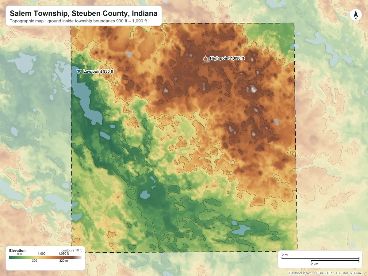 Topographic elevation map of Salem Township, Steuben County, Indiana, shaded from 930 ft on the northwest side to 1,090 ft on the northeast side