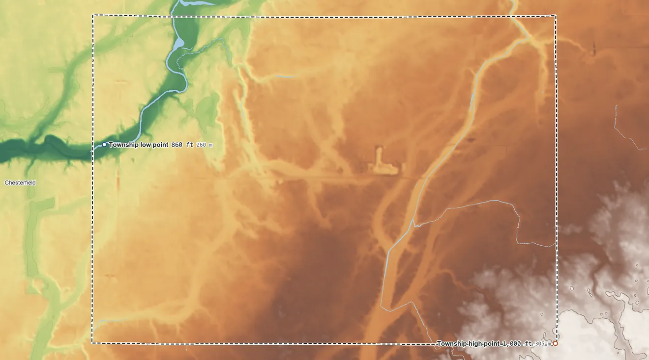 Topographic elevation map of Salem Township, Indiana, shaded from 860 ft on the west side to 1,000 ft on the southeast side