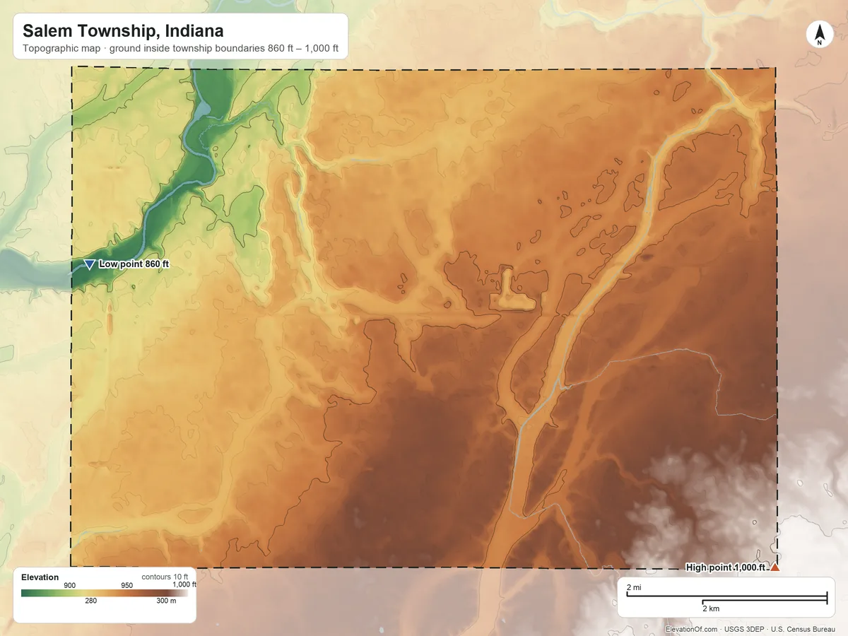 Topographic elevation map of Salem Township, Indiana, shaded from 860 ft on the west side to 1,000 ft on the southeast side