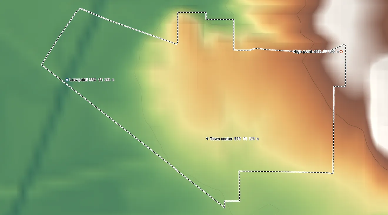 Topographic elevation map of Saline City, Indiana, shaded from 550 ft on the northwest side to 620 ft on the northeast side