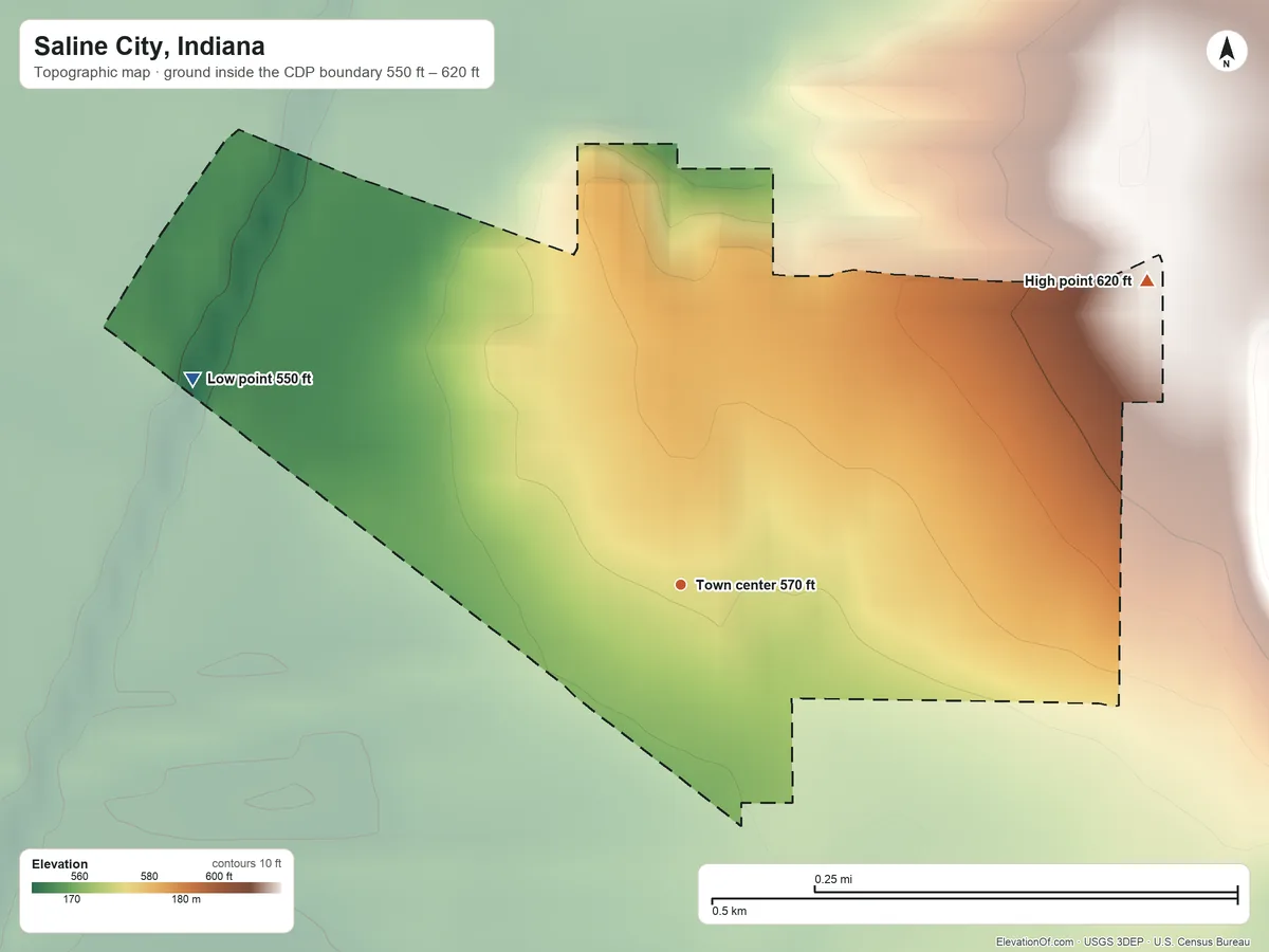 Topographic elevation map of Saline City, Indiana, shaded from 550 ft on the northwest side to 620 ft on the northeast side