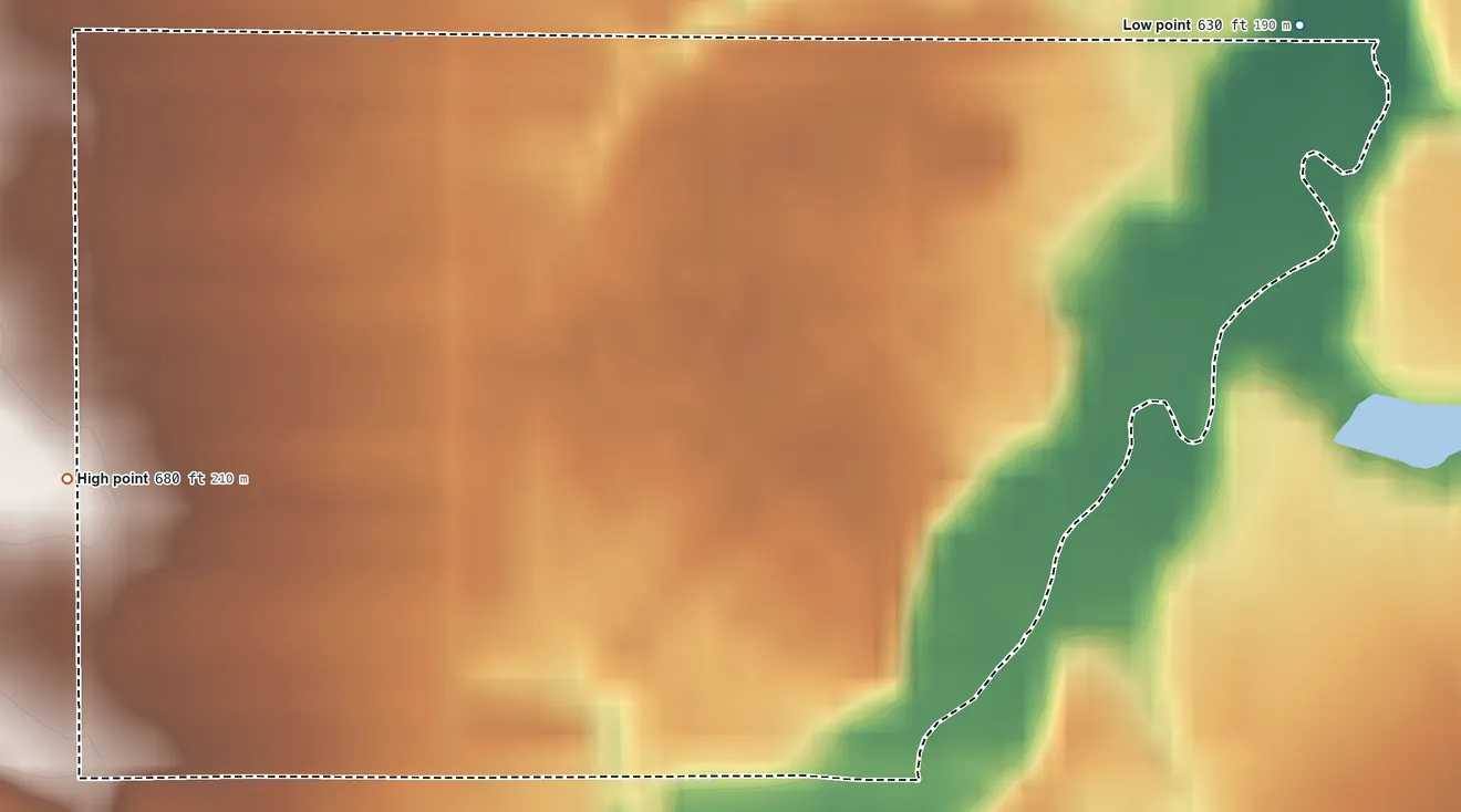 Topographic elevation map of Salt Creek Commons, Indiana, shaded from 630 ft on the east side to 680 ft on the west side
