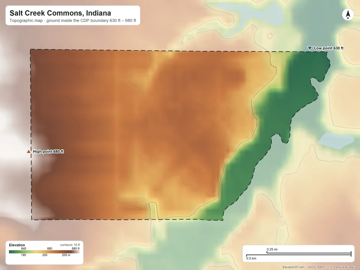 Topographic elevation map of Salt Creek Commons, Indiana, shaded from 630 ft on the east side to 680 ft on the west side