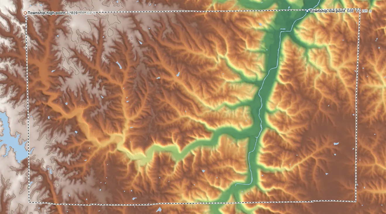 Topographic elevation map of Salt Creek Township, Franklin County, Indiana, shaded from 680 ft on the northeast side to 1,020 ft on the northwest side