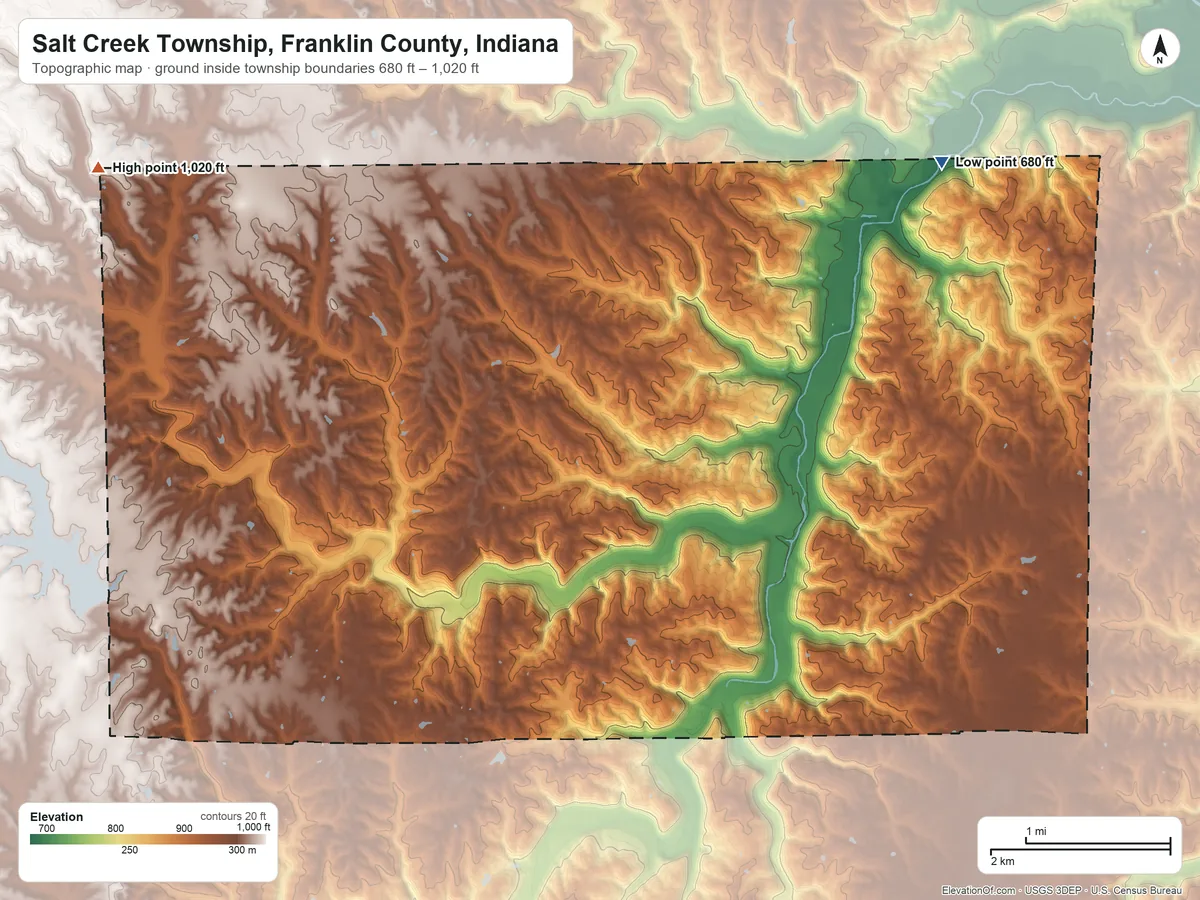 Topographic elevation map of Salt Creek Township, Franklin County, Indiana, shaded from 680 ft on the northeast side to 1,020 ft on the northwest side