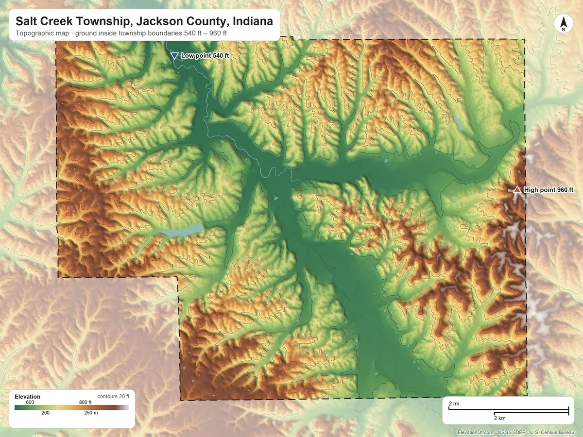 Topographic elevation map of Salt Creek Township, Jackson County, Indiana, shaded from 540 ft on the northwest side to 960 ft on the east side