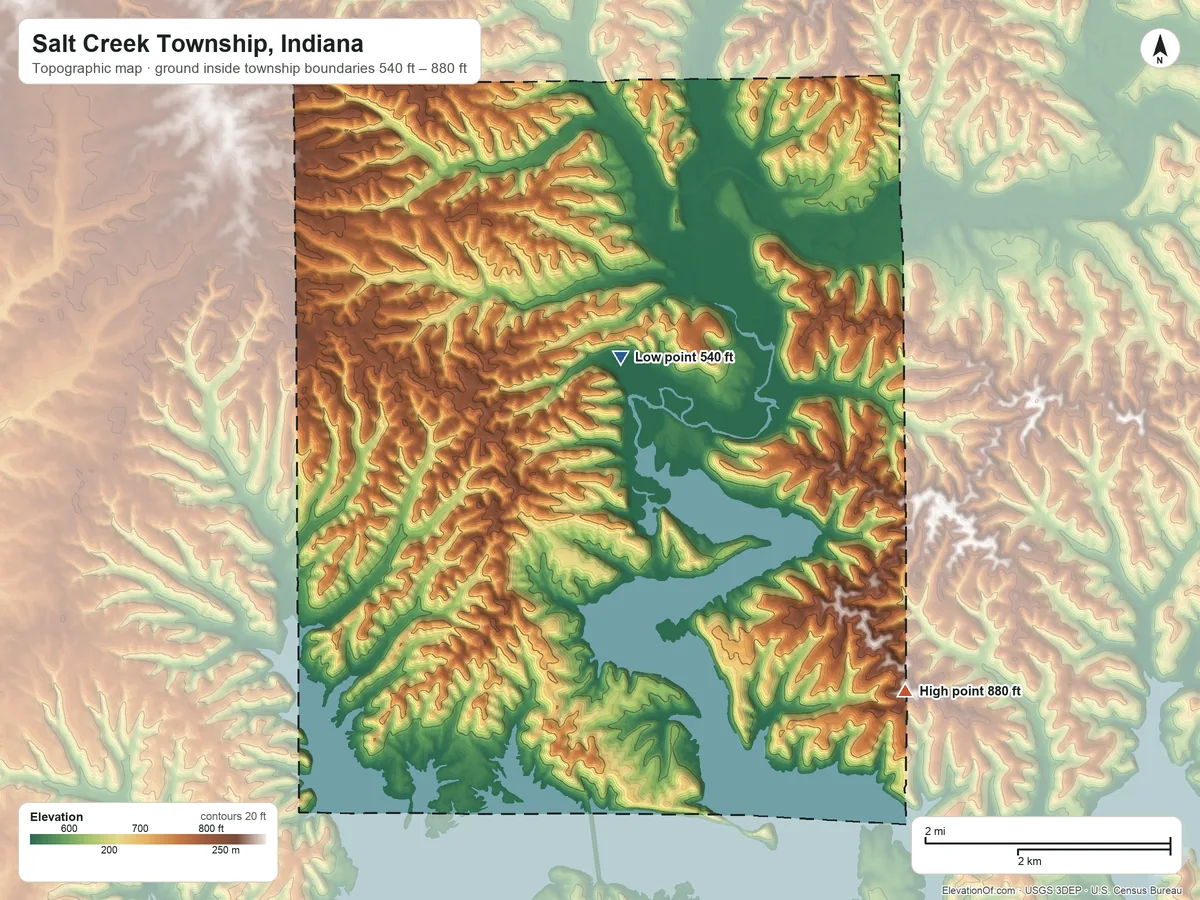 Topographic elevation map of Salt Creek Township, Indiana, shaded from 540 ft on the east side to 880 ft on the southeast side