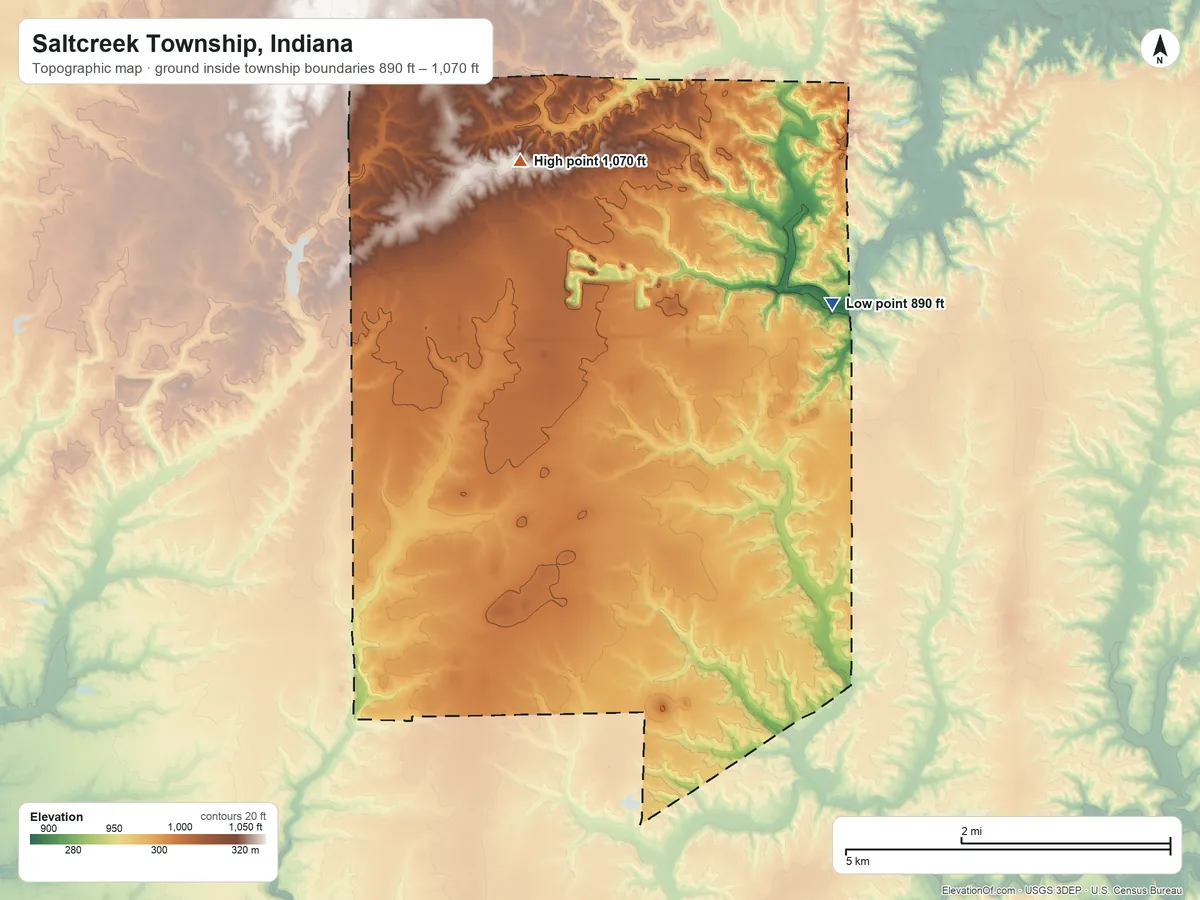 Topographic elevation map of Saltcreek Township, Indiana, shaded from 890 ft on the east side to 1,070 ft on the northwest side