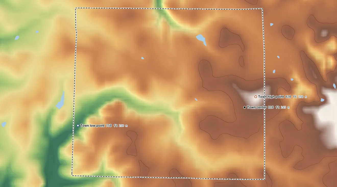 Topographic elevation map of Saltillo, Indiana, shaded from 750 ft on the west side to 820 ft near the middle