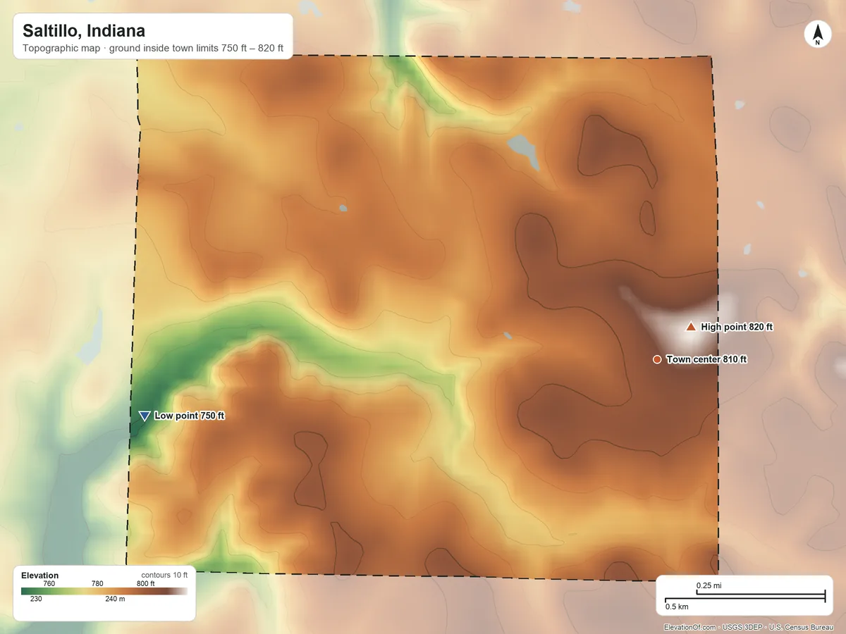 Topographic elevation map of Saltillo, Indiana, shaded from 750 ft on the west side to 820 ft near the middle