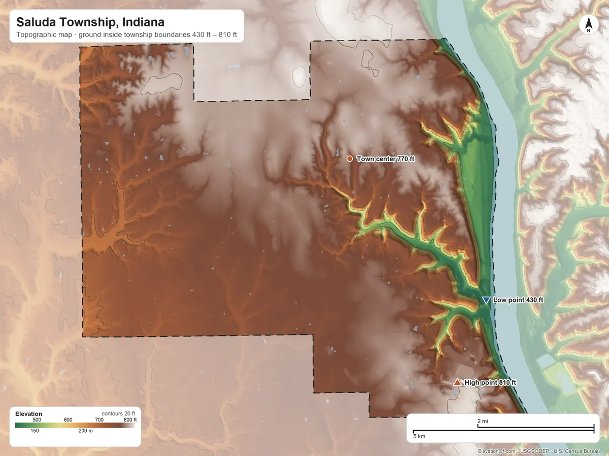 Topographic elevation map of Saluda Township, Indiana, shaded from 430 ft on the southeast side to 810 ft on the southeast side