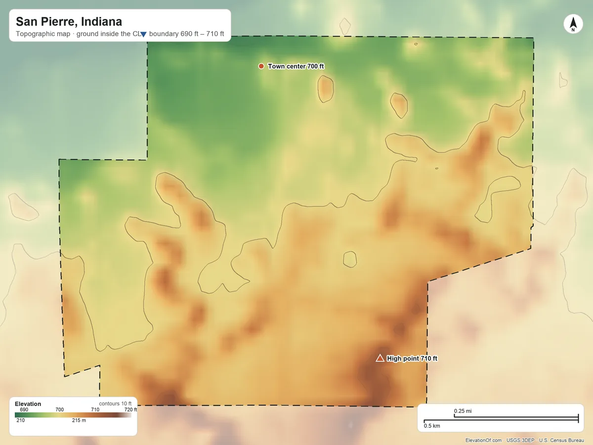Topographic elevation map of San Pierre, Indiana, shaded from 690 ft on the west side to 710 ft on the south side