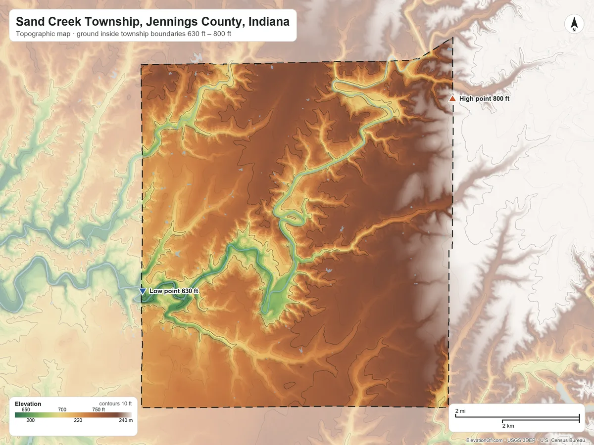 Topographic elevation map of Sand Creek Township, Jennings County, Indiana, shaded from 630 ft on the southwest side to 800 ft on the northeast side