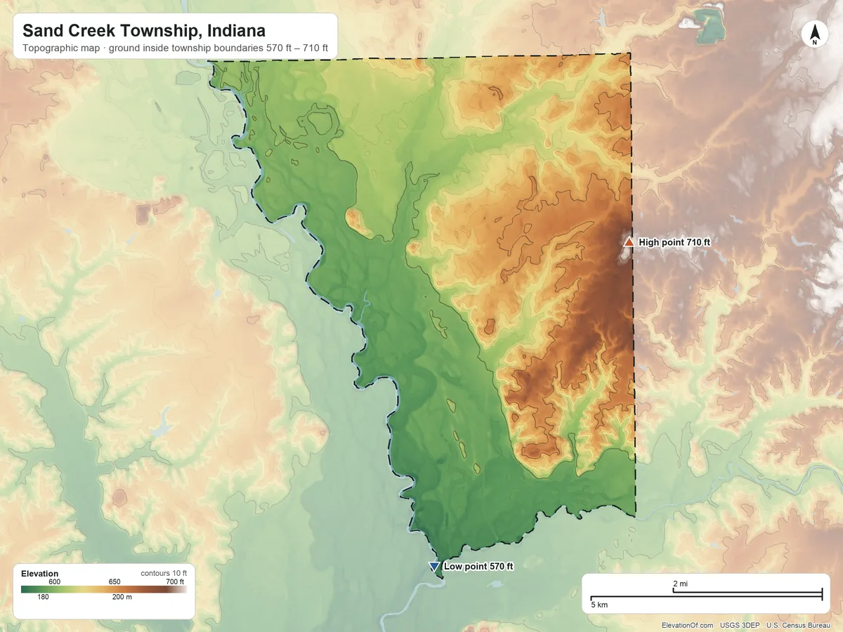 Topographic elevation map of Sand Creek Township, Indiana, shaded from 570 ft on the south side to 710 ft on the east side