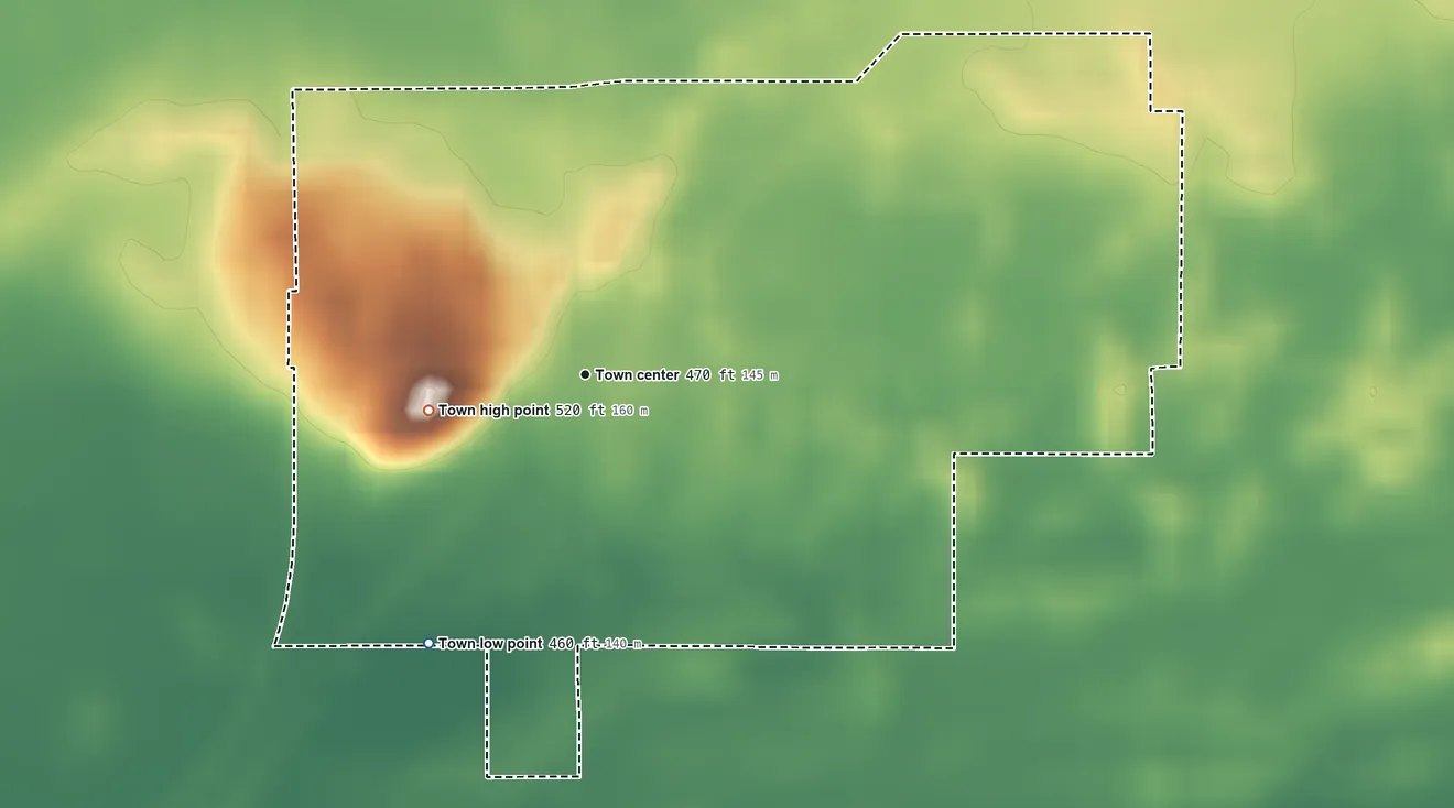 Topographic elevation map of Sandborn, Indiana, shaded from 460 ft on the southwest side to 520 ft on the west side