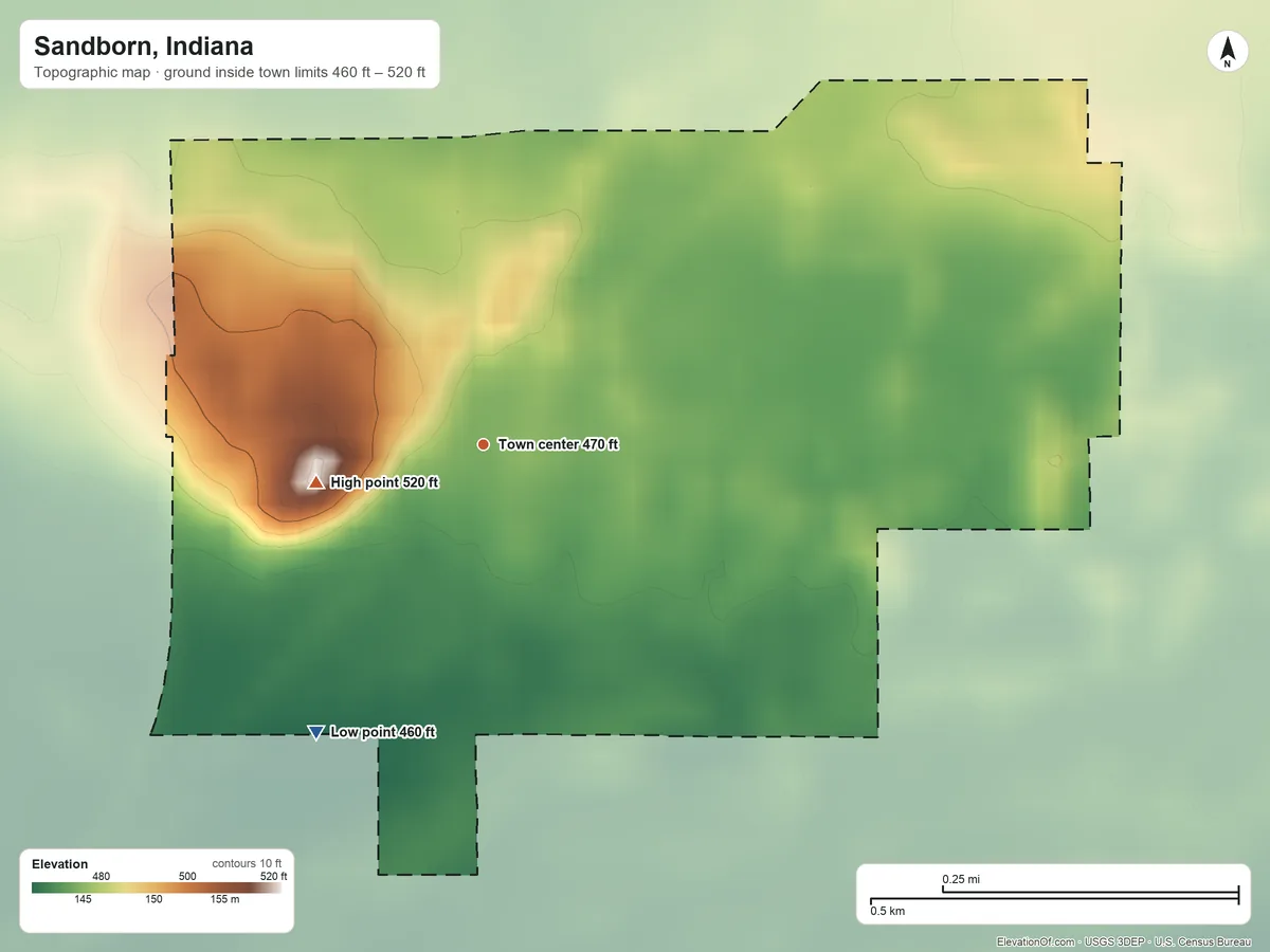 Topographic elevation map of Sandborn, Indiana, shaded from 460 ft on the southwest side to 520 ft on the west side