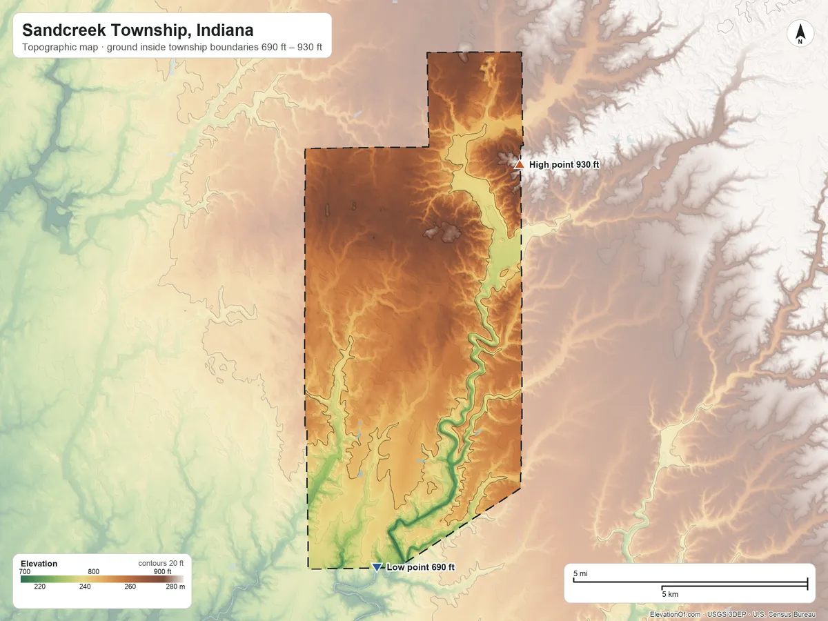 Topographic elevation map of Sandcreek Township, Indiana, shaded from 690 ft on the south side to 930 ft on the northeast side