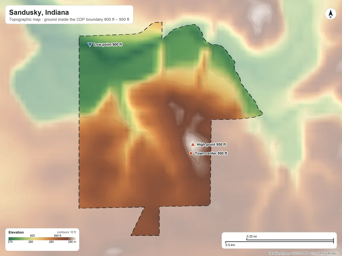 Topographic elevation map of Sandusky, Indiana, shaded from 900 ft on the northwest side to 950 ft near the middle